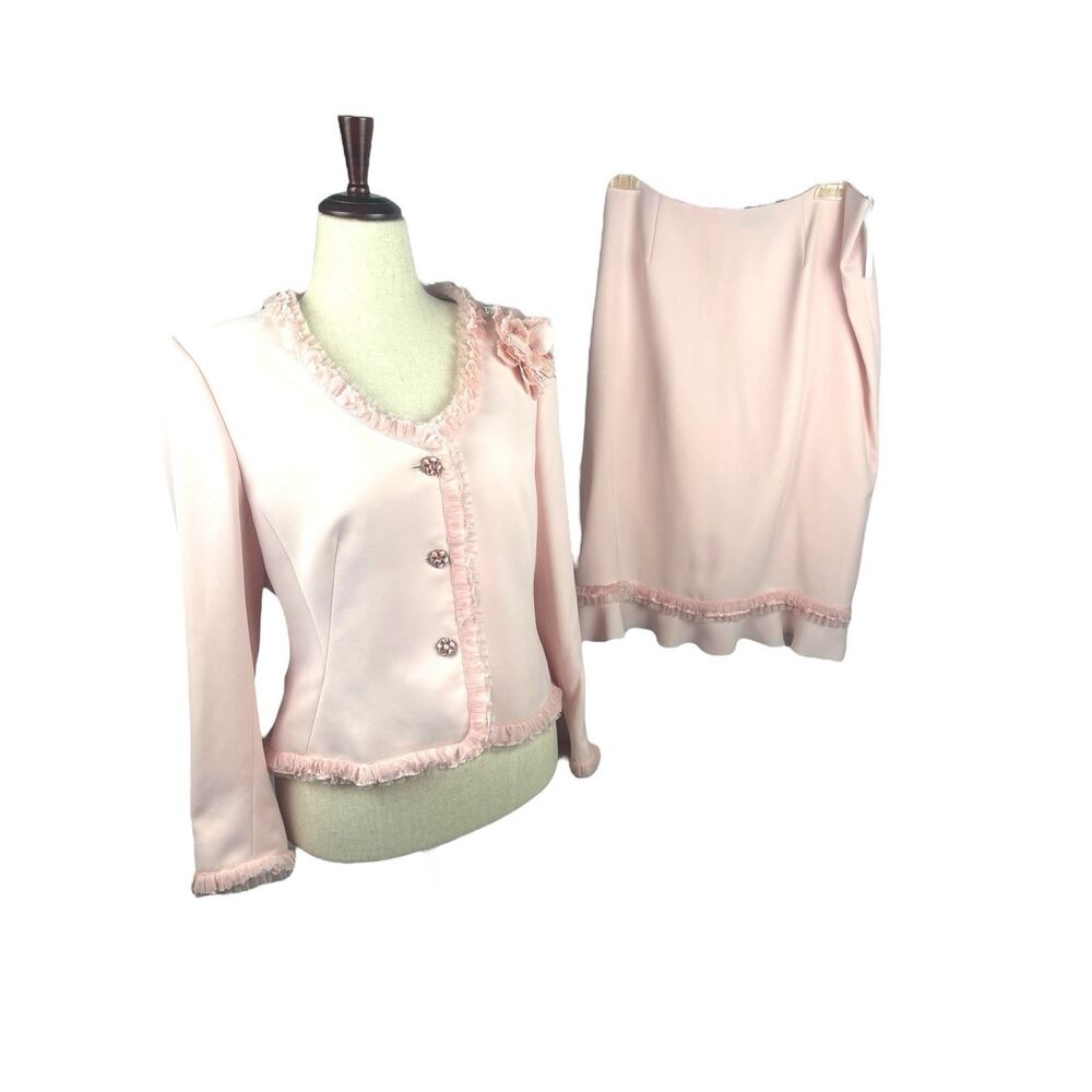 Nipon Boutique Pink Ruffle French Suit Skirt Set Rhinestone Ruffle Blazer 12